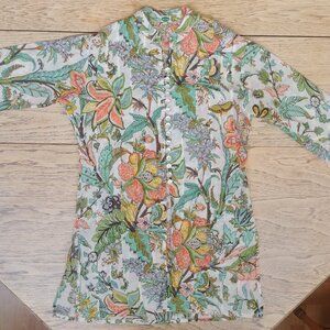 Dolma Medium tropical print cotton tunic top open front pearl shell buttons